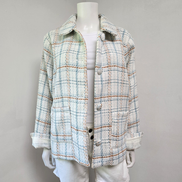 LC Lauren Conrad Sizwe 2X Tweed Blazer Jacket Lined White Plaid Flip Cuff NWT - Picture 1 of 12